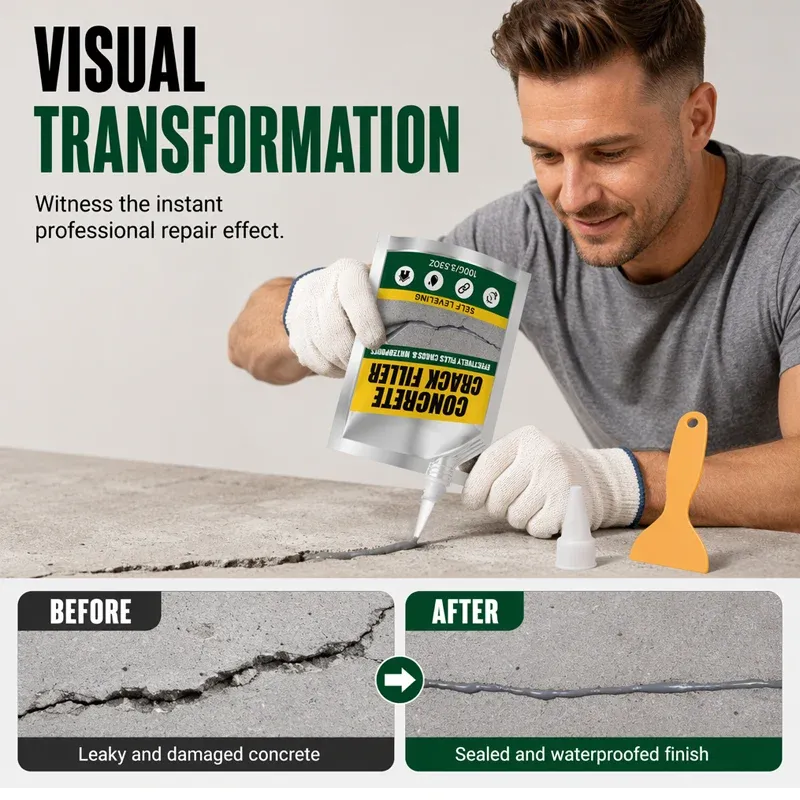 Concrete crack filler before and after waterproof repair